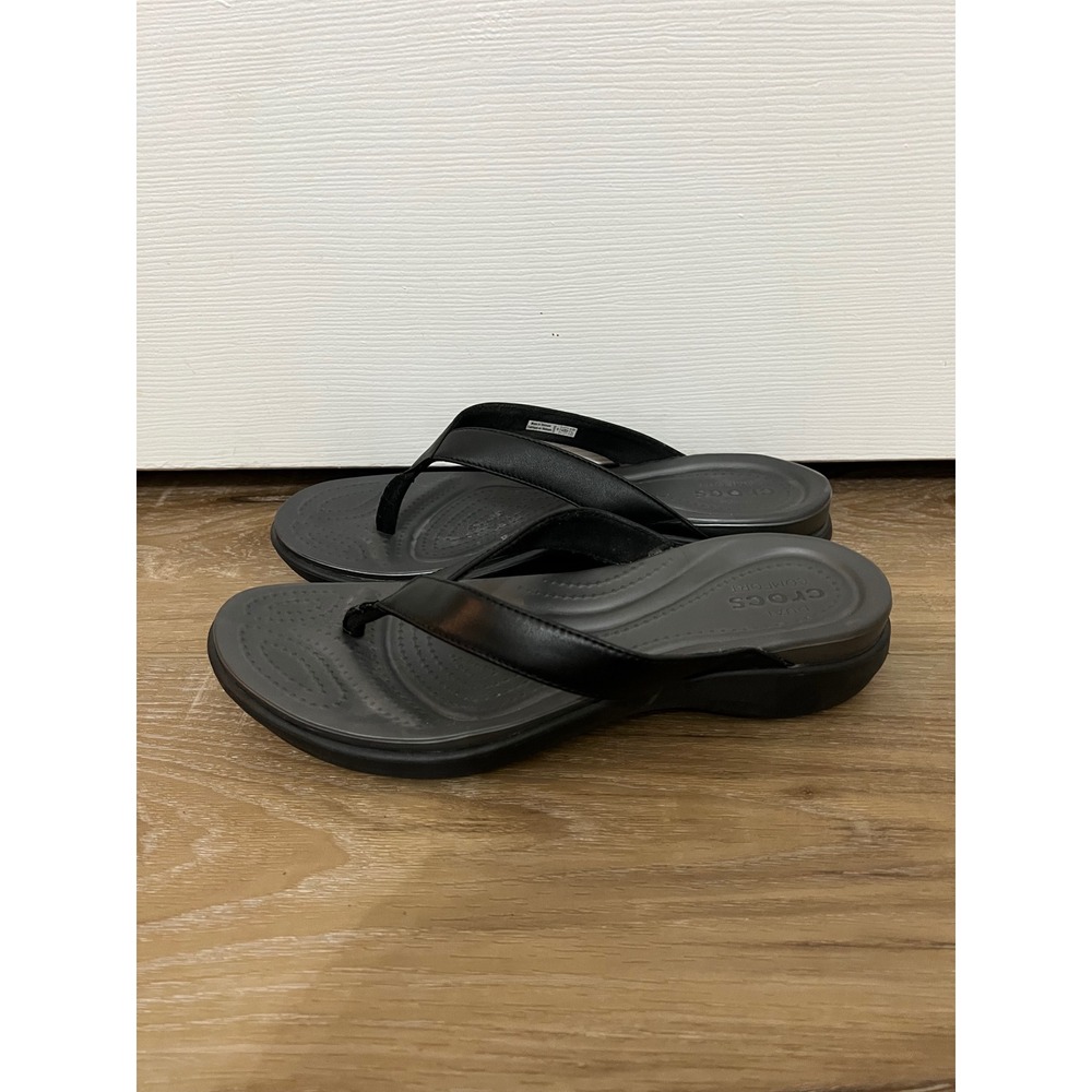Crocs Monterey Shimmer Wedge Flip Flops Black Sandals Womens Size 9